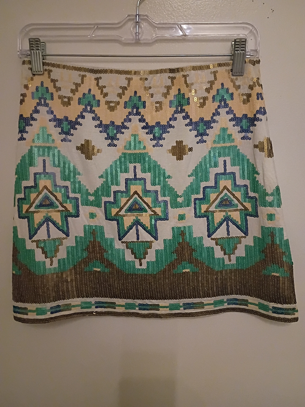 fab'rik Women's White Mini Skirt with Teal&Gray Sequin Aztec Pattern Sz M